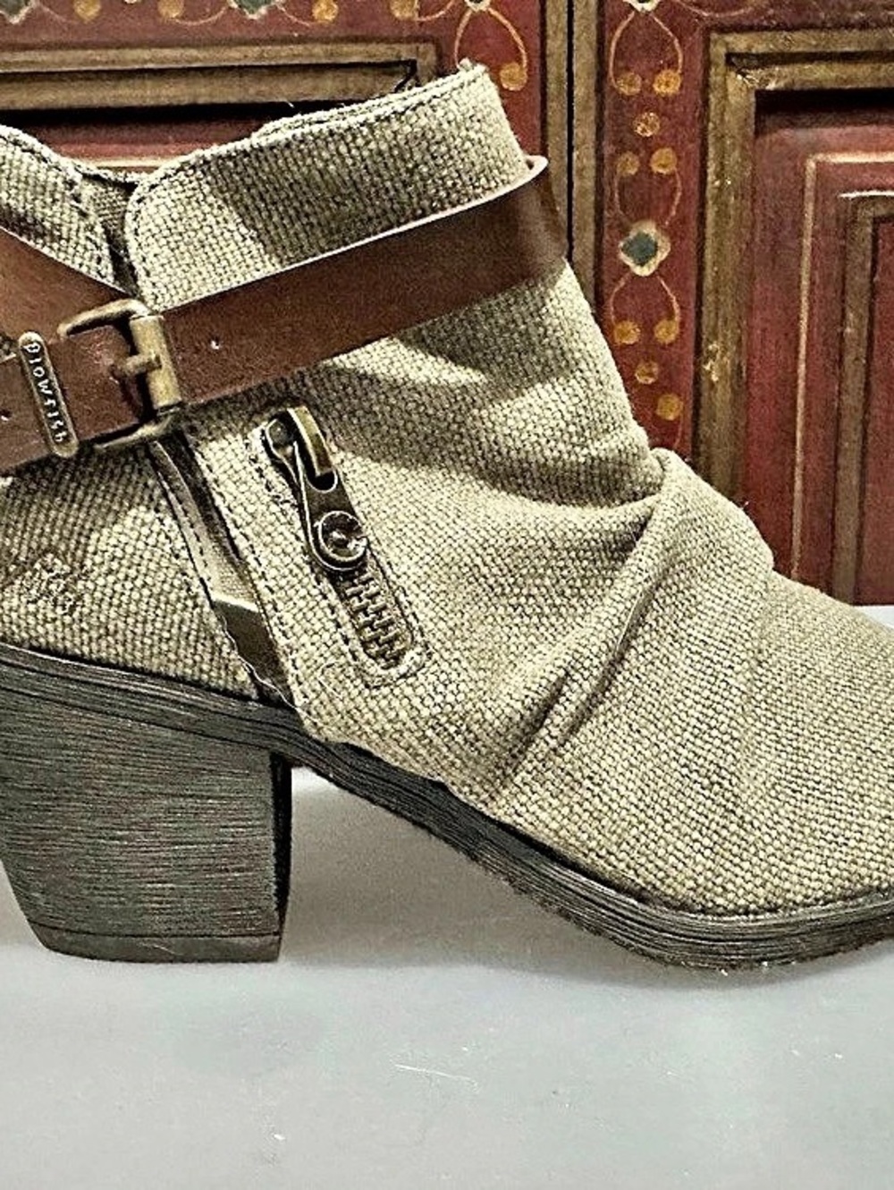 Blowfish Malibu Open Toe Canvas Booties B138 Heeled Booties in Beige